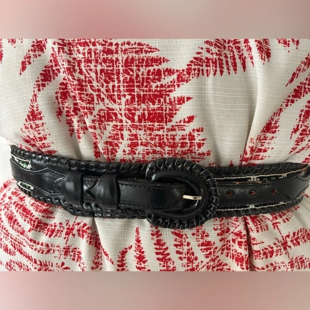 Vintage Belt Leather Beaded Native American Black MultiColor Size Small Navajo